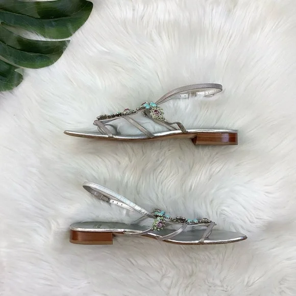 Stuart Weitzman Silver Sandals Turquoise & Crystal Gem Embellishments 9.5 - Picture 5 of 11